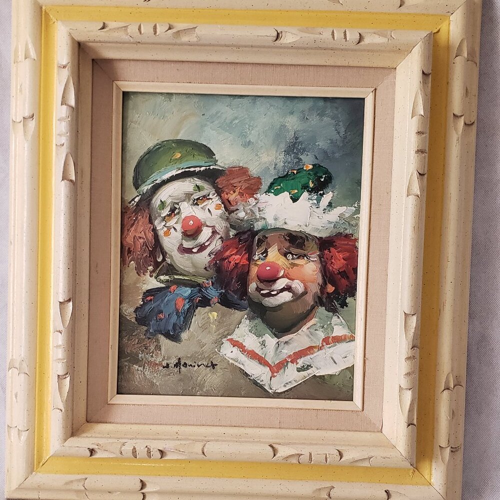 William Moninet Vintage Clown Duo Art Original Framed Matted Signed Oil Painting